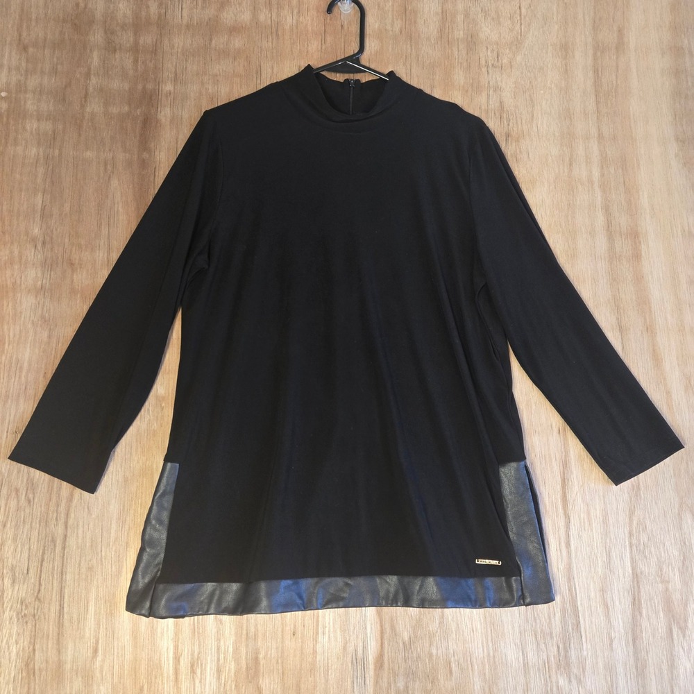 Anne Klein Black Mock Neck Tunic Top Faux Leather Trim Long Sleeve Size M
